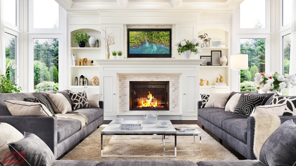 TVs above the fireplace in the interior