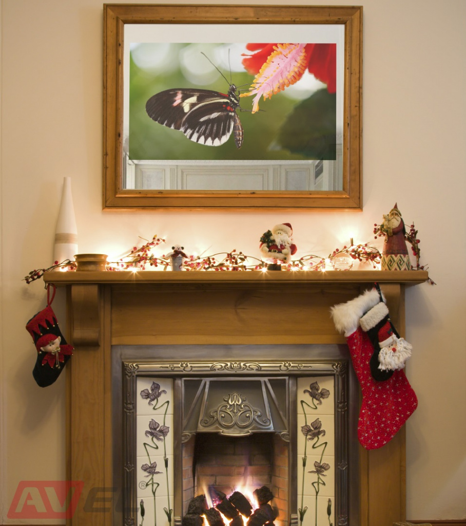 TVs above the fireplace in the interior